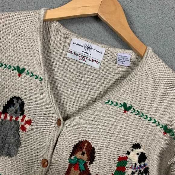 Marisa Christina Cardigan Plus 2X Tan Christmas Collection 2001 Dog Print Linen - Picture 2 of 10